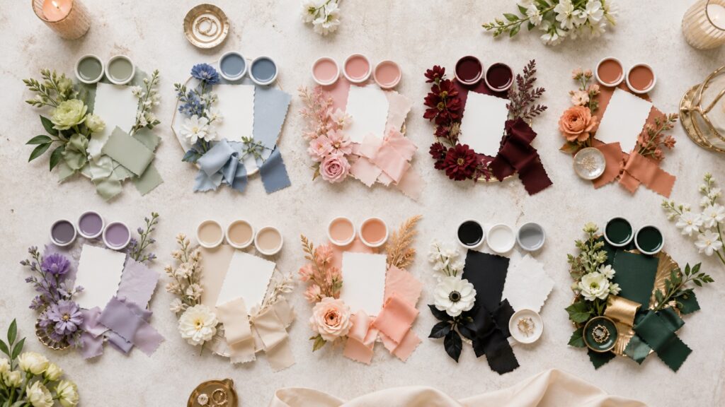 Moodboard mit zehn beliebten Farbkonzepten für Hochzeiten