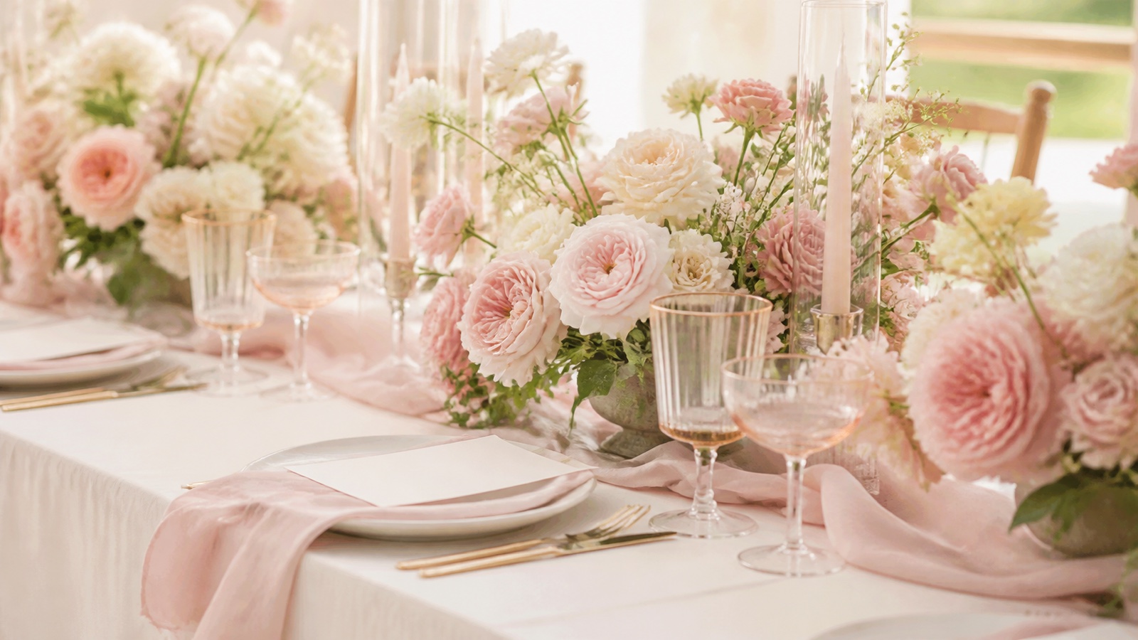 Romantischer Hochzeitstisch in Blush und Rosa mit hellen Rosen