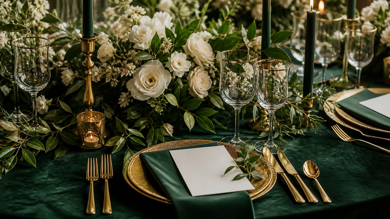 Festlicher Hochzeitstisch in Dunkelgrün und Gold mit weißen Blumen