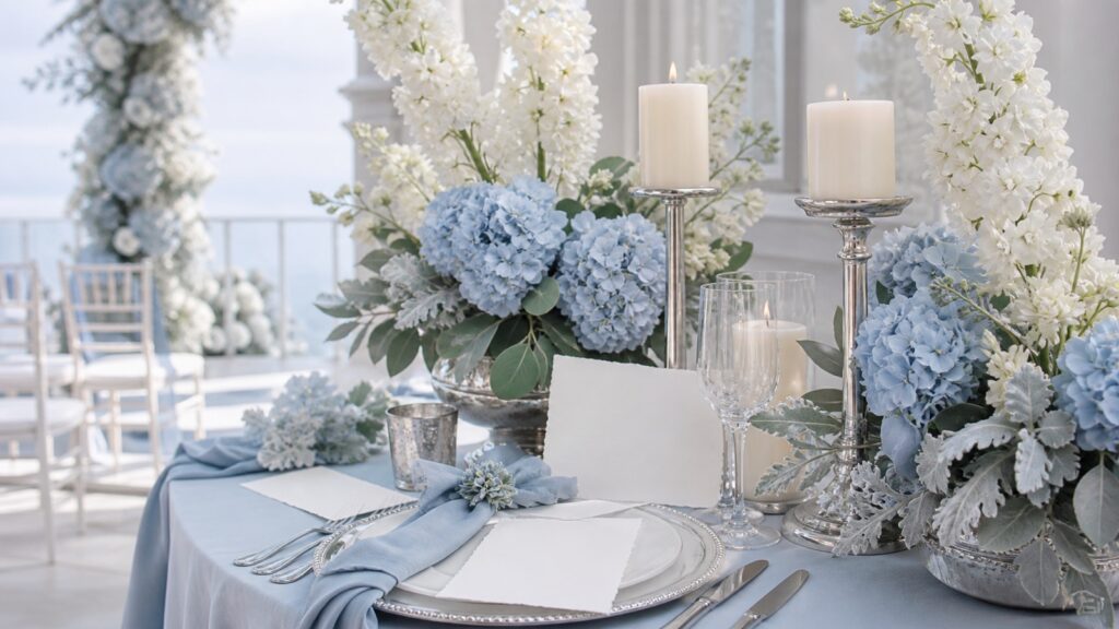 Elegante Hochzeitsdekoration in Dusty Blue mit weißen Blumen