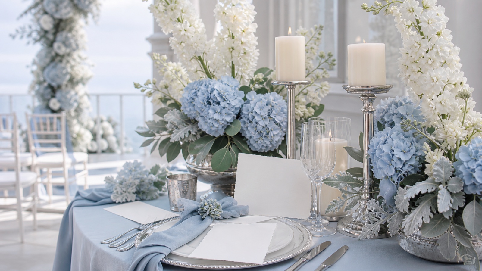 Elegante Hochzeitsdekoration in Dusty Blue mit weißen Blumen
