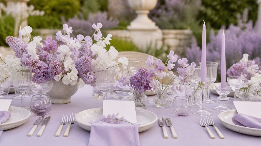 Hochzeitstisch in Lavendel und Flieder mit hellen Blumen