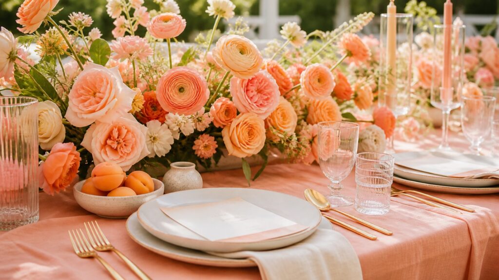 Sommerlicher Hochzeitstisch in Peach und Apricot mit Rosen