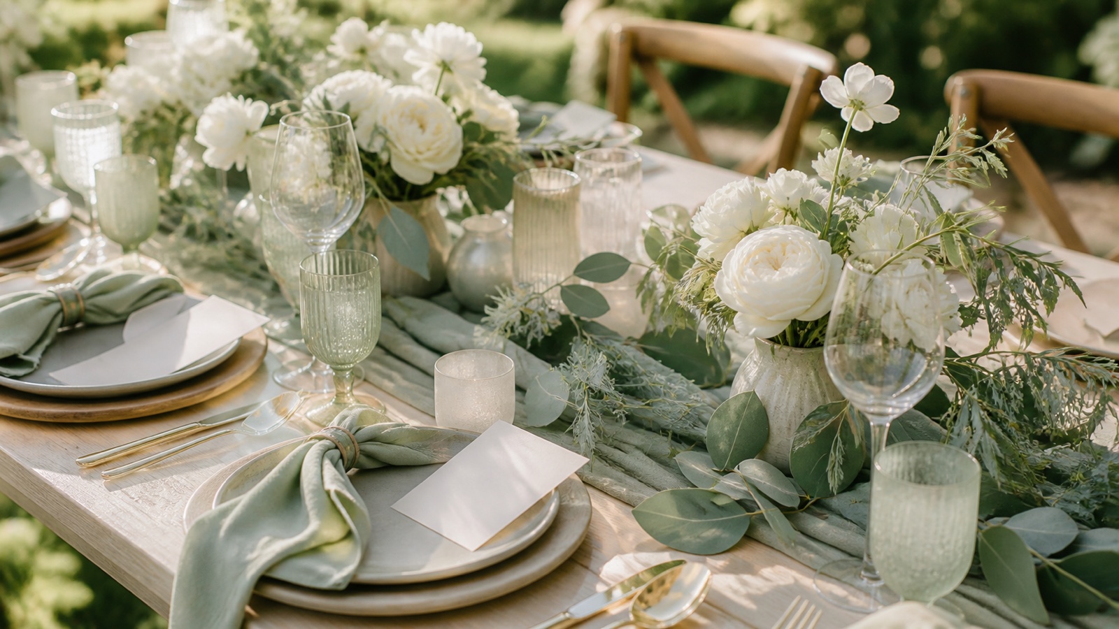 Hochzeitstisch in Salbeigrün mit Eukalyptus und weißen Blumen