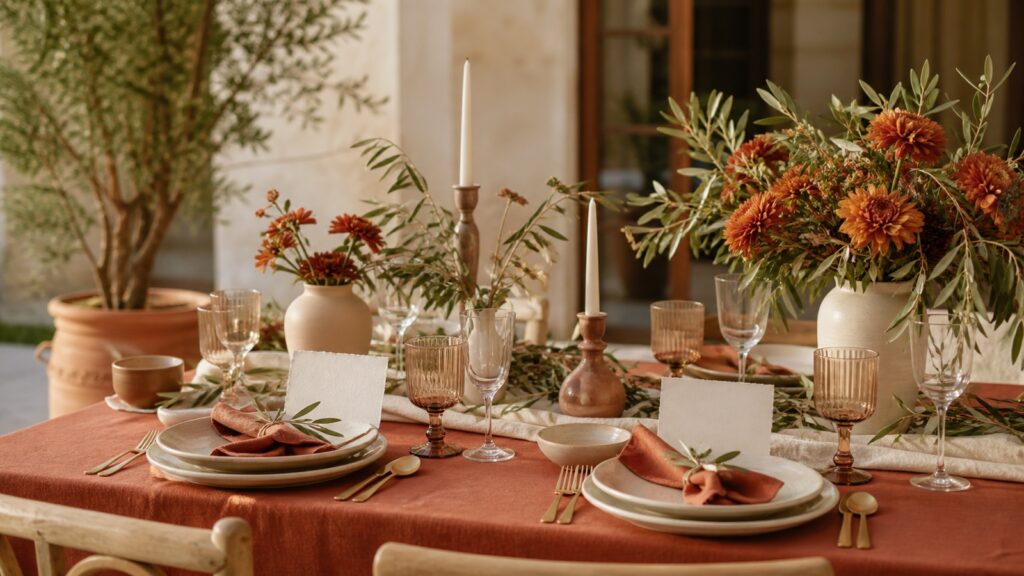 Warmer Hochzeitstisch in Terracotta mit Olivenzweigen und Naturmaterialien